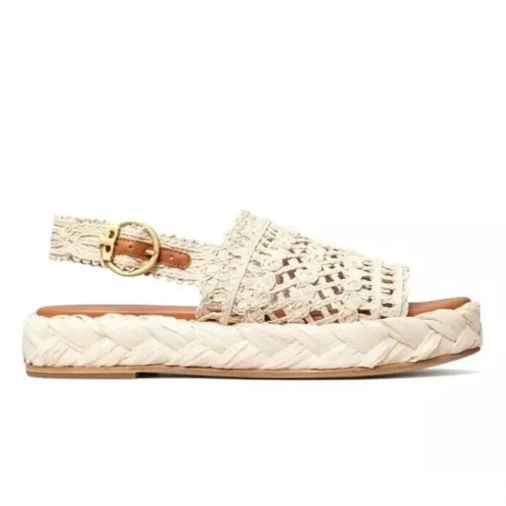 Like new! TORY BURCH RAFFIA ESPADRILLE SANDAL PLATFORM NATURAL/GOLD LOGO w/BOX